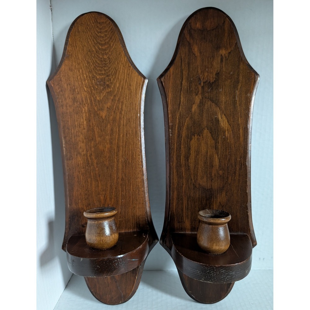 Vintage Primitive Wooden Wall Candle Sconces Pair Handcrafted Rustic Decor